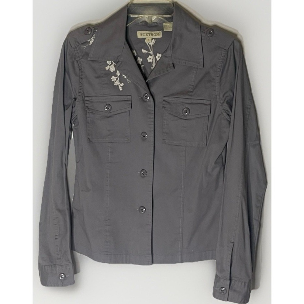 Stetson Western Shirt Jacket Women Small Gray Embroidered Long Sleeve Cowgirl
